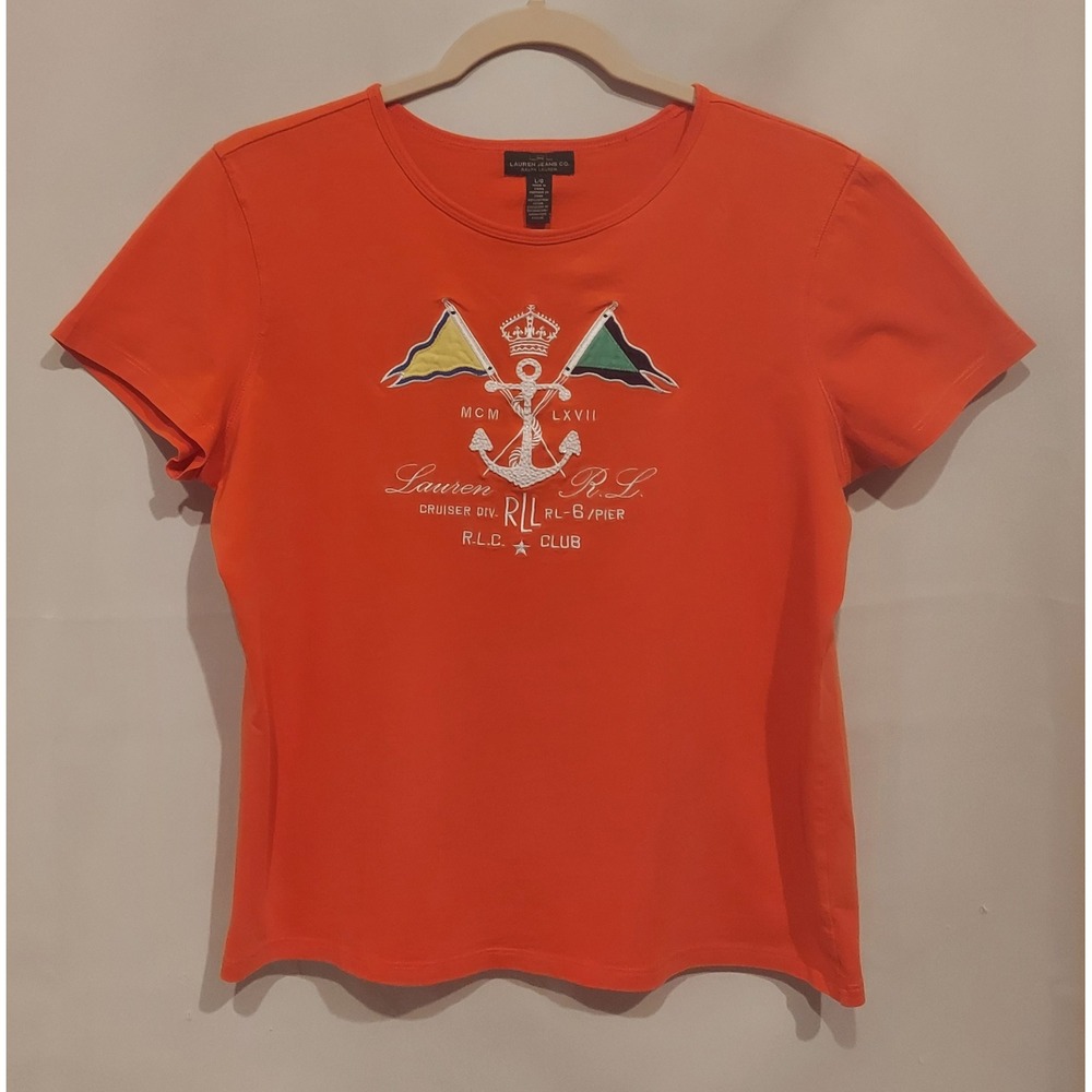 Lauren Jeans Co Ralph Lauren Orange Embroidered Beaded T-Shirt Size Large